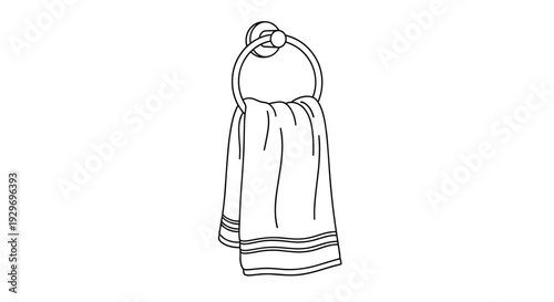 Simple line art drawing of a clean towel hanging from a circular wall mounted ring, suitable for bathroom or home icons.
