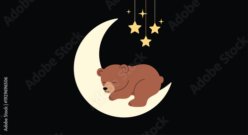 Sleeping baby bear resting on a yellow crescent moon with hanging stars against a solid black background for a nursery theme.