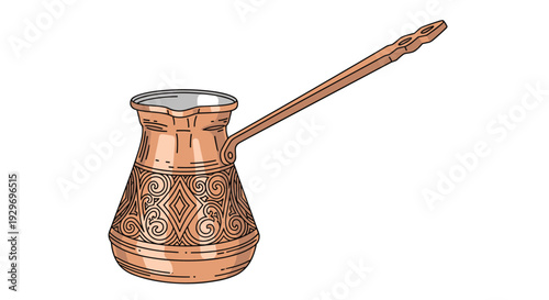 Traditional copper Turkish coffee pot, known as a cezve, with an engraved pattern and a long handle, isolated on white.