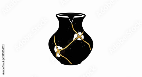 Elegant black vase with intricate golden kintsugi repair lines, highlighting beauty in imperfection