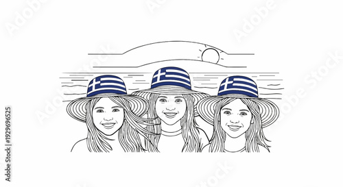 Three smiling girls in hats adorned with the Greek flag stand at the shore under the sun