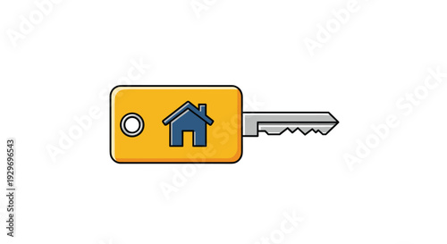 Yellow key fob with a house icon attached to a silver door key, symbolizing real estate, home ownership, or moving house.