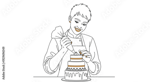 Young female pastry chef or baker carefully decorating a three tier cake with icing from a piping bag in a line art style.