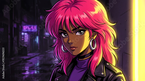 Anime illustration of Brazilian woman with pink hair in neon light
