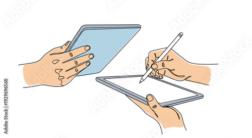 Person using a digital tablet with a stylus pen to create art while another person holds a second mobile device for reference.