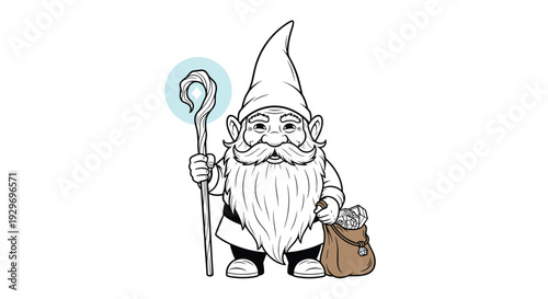 Cute fantasy gnome character with a long white beard holding a magic wooden staff and carrying a small sack filled with gems.