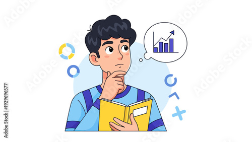 Young man thinking about business growth and financial statistics