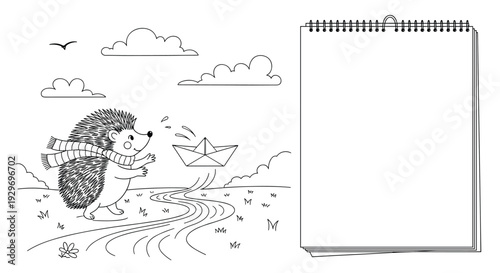 Whimsical line art illustration of a cute hedgehog wearing a scarf watching a small paper boat float down a winding stream in a field.