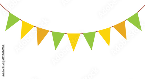 Simple string of colorful triangle bunting flags in green, yellow, and orange colors for party, birthday, and celebration decorations.