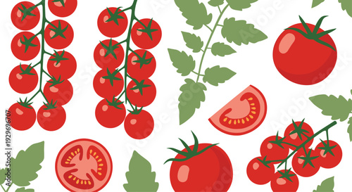 Fresh seamless food pattern of whole red tomatoes on the vine and sliced pieces with green leaves on a clean white background.