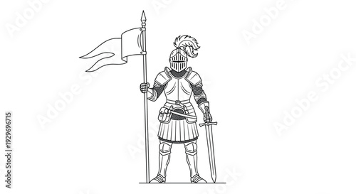 Detailed line art illustration of a medieval knight in a full suit of armor holding a tall flagpole and a sword on a white background.