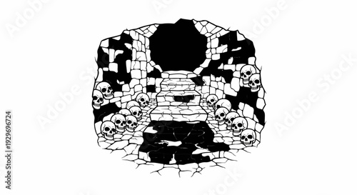 Stone steps lead into a dark cave surrounded by a macabre collection of skulls