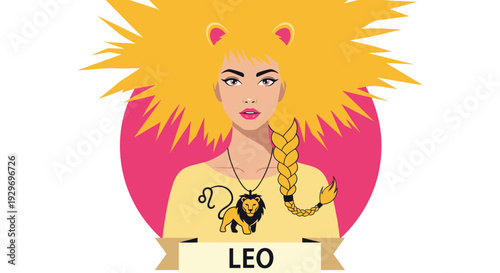 Stylish illustration of a woman representing the Leo zodiac sign with a wild yellow mane of hair and a golden lion pendant necklace.