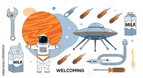 Whimsical collection of space themed objects including an astronaut, a planet, a UFO, flying meteors, and strange milk cartons.