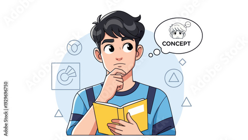 Young man thinking about concept while reading book illustration