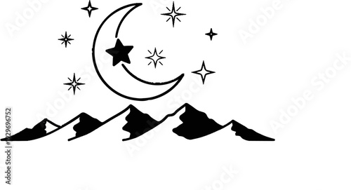 A whimsical night scene featuring a crescent moon with a star, sparkling stars, and silhouetted mountains