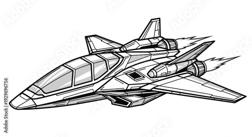 Detailed line art illustration of a futuristic stealth jet or spaceship with multiple rocket engines and a clear glass cockpit.