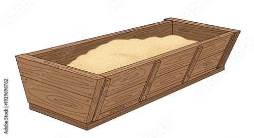 Simple wooden trough or large rectangular sandbox filled with fine yellow sand for gardening, farming, or outdoor play areas.