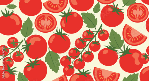Bright seamless pattern of various red tomatoes including whole fruit, clusters on vines, and fresh slices with green leaves.