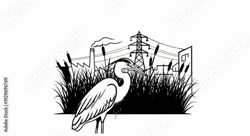 A crane stands in reeds before a factory and power lines, symbolizing nature and industry
