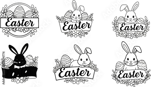 Six charming hand-drawn Easter designs featuring bunnies, eggs, and floral accents