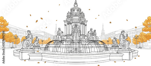 Ornate fountain with classical statues and autumn trees in a city