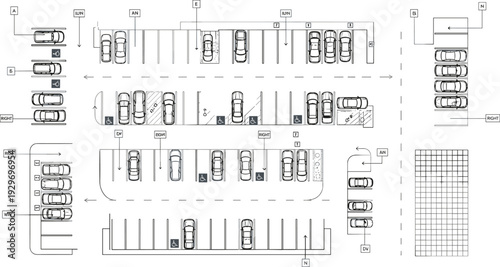 Detailed Parking Lot Top View Plan with Traffic Flow Arrows Accessible Spaces and Car Layout Vector Illustration