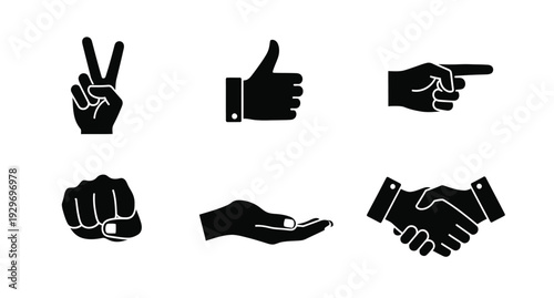 Various hand gestures depicted as black shapes a graphic silhouette