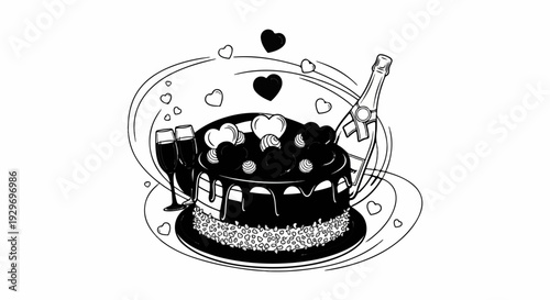 A decadent chocolate cake, adorned with hearts and swirls, awaits with champagne