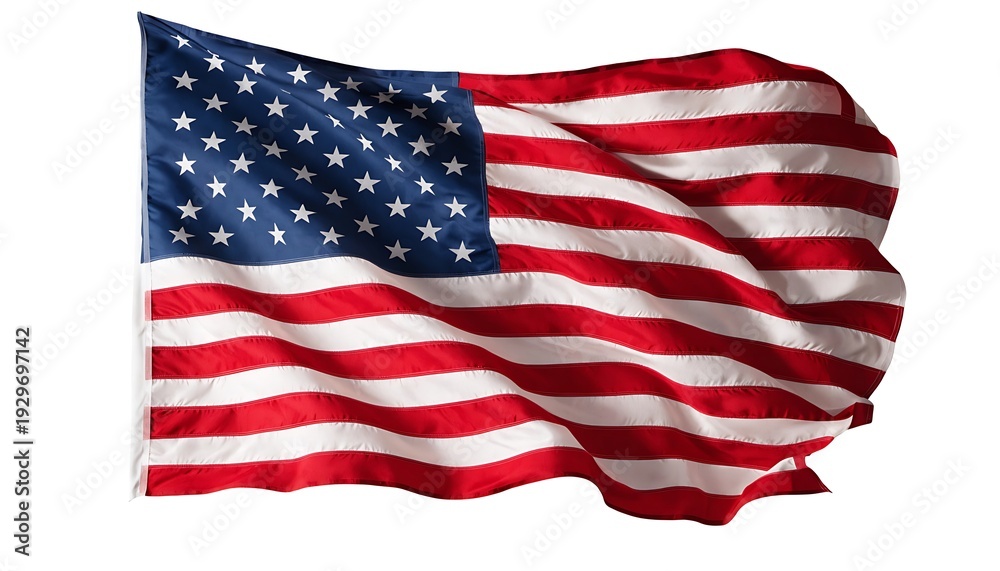 Obraz premium A vibrant and billowing american flag is dramatically displayed against a plain white background