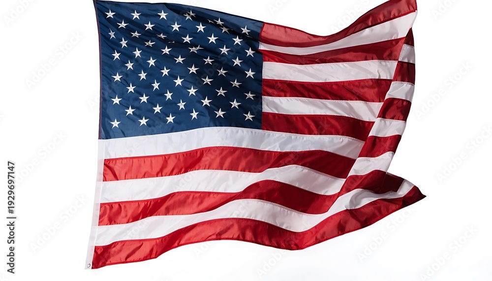 Fototapeta premium A vibrant billowing american flag is displayed against a clean stark white background