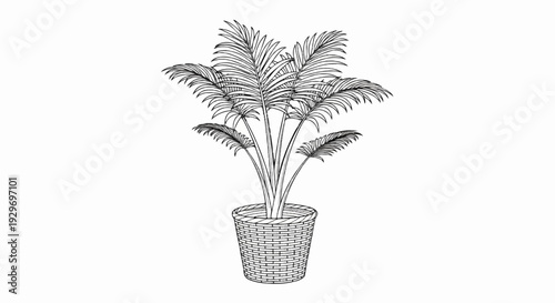 Stylized black and white drawing of a potted palm plant with large, fanned fronds