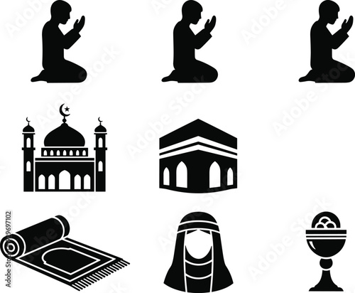 Islamic prayer silhouette, mosque icon design, Kaaba sacred artwork, religious culture vector, Muslim worship illustration, traditional attire symbol, ritual item graphic