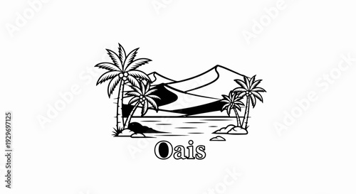 Stylized desert scene with palm trees, water, and sand dunes, featuring stylized text