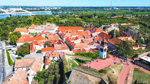 Фотография A panoramic view from a drone of the Petrovaradin fortress and the old part of Petrovaradin