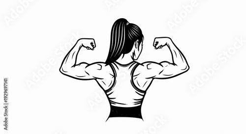 Woman flexing muscular arms in a sports bra and ponytail