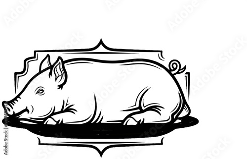 Stylized outline of a pig resting on a decorative platter