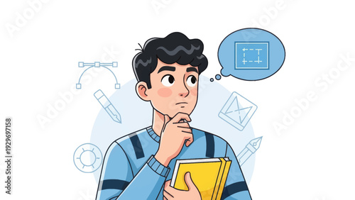 Young man thinking about design process with creative tools illustration