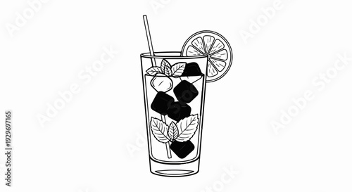 Refreshing drink with ice, mint, and lemon slice