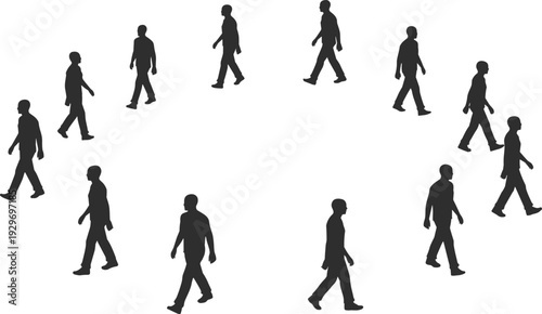 Walking Man Silhouettes Set with Different Poses and Directions Human Figure Vector Illustration Isolated on White Background