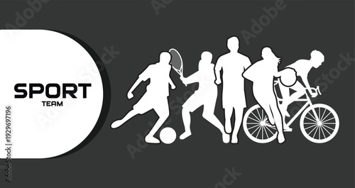 Dynamic sports team with soccer player, tennis player, runner and cyclist in action