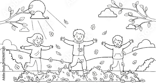 Three children joyfully playing in falling autumn leaves under a cloudy, sunny sky