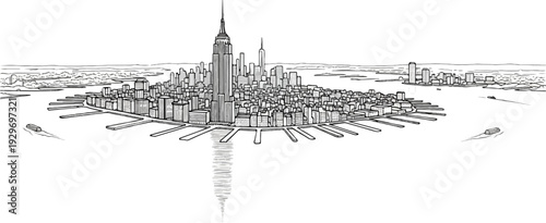 Hand-drawn ink sketch of a dense city skyline on the water with piers and boats