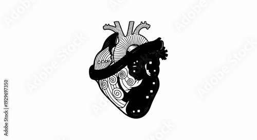 Intricate heart illustration with yin-yang contrast and swirling patterns