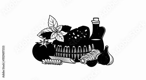 Still life of Italian ingredients pasta, tomato, cheese, basil, garlic, and oil