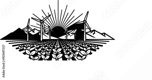 Wind turbines and growing plants in front of mountains under a sunburst