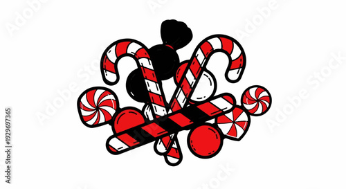 Festive arrangement of candy canes, round candies, and black spheres