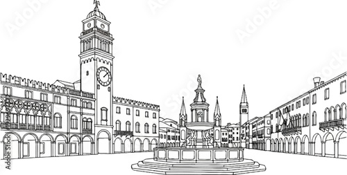 A detailed line drawing of an ornate fountain in a European town square with a clock tower
