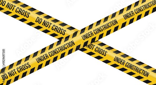 Crossed under construction caution tape with do not cross warning stripe barrier industrial safety hazard restriction vector illustration