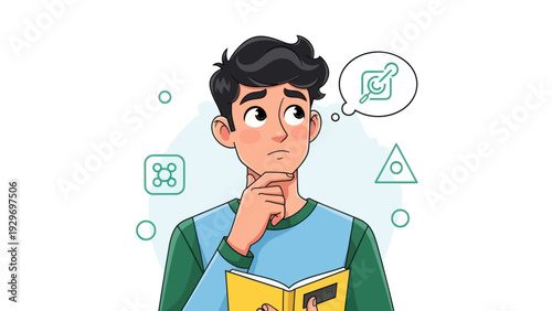 Young man thinking about ideas illustrated with cartoon style graphics